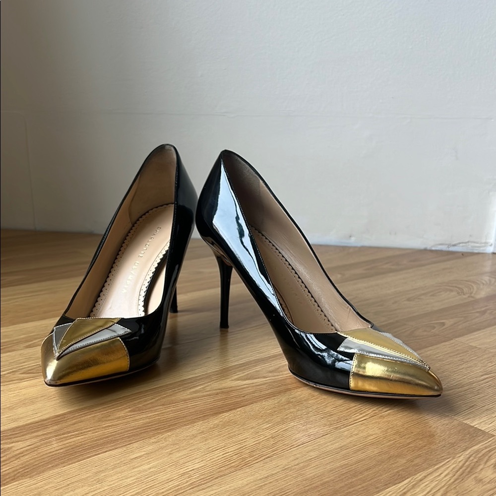 Patent Black and Gold Pumps | Charlotte Olympia | Elegant Glamour